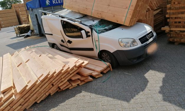 Pak hout waait op auto