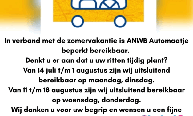 In verband met de zomervakantie is ANWB Automaatje tijdelijk beperkt bereikbaar.