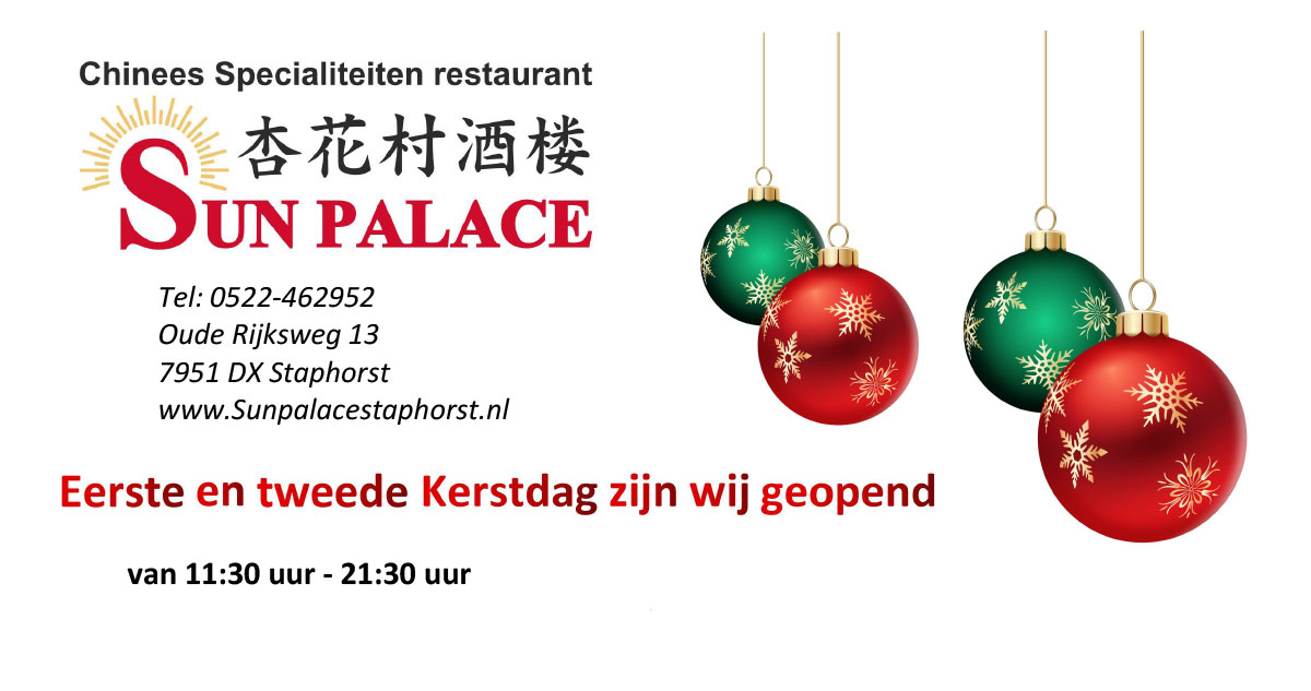 Kerstmenu 2025 Chinees Specialiteiten restaurant Sun Palace