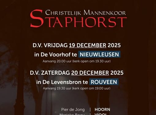 Kerstconcerten Christelijk Mannenkoor Staphorst in Nieuwleusen (19 dec) en Rouveen (20 dec)