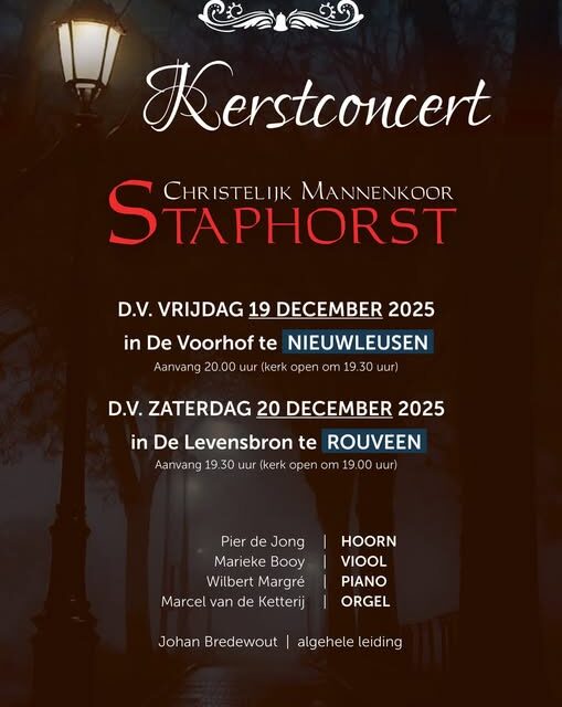 Kerstconcerten Christelijk Mannenkoor Staphorst in Nieuwleusen (19 dec) en Rouveen (20 dec)