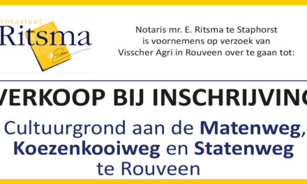 Verkoop bij inschrijving: Cultuurgrond aan de Matenweg, Koezenkooiweg en Statenweg te Rouveen