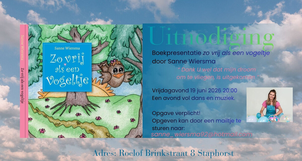 Boekpresentatie ‘Zo vrij als een vogeltje’ door Sanne Wiersma