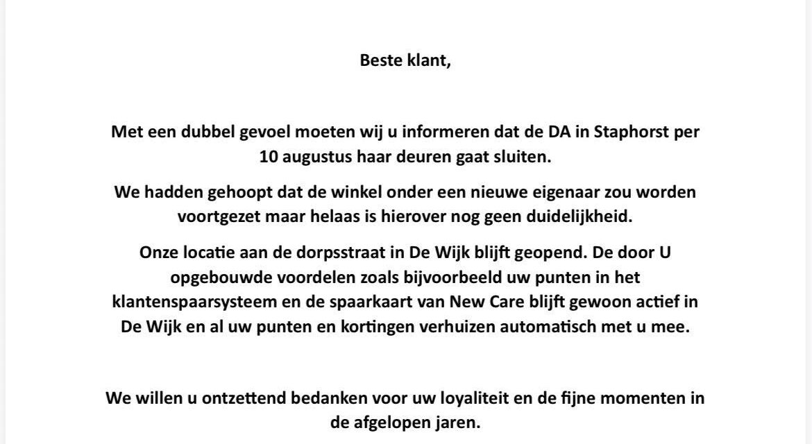 DA Wens Staphorst gaat sluiten