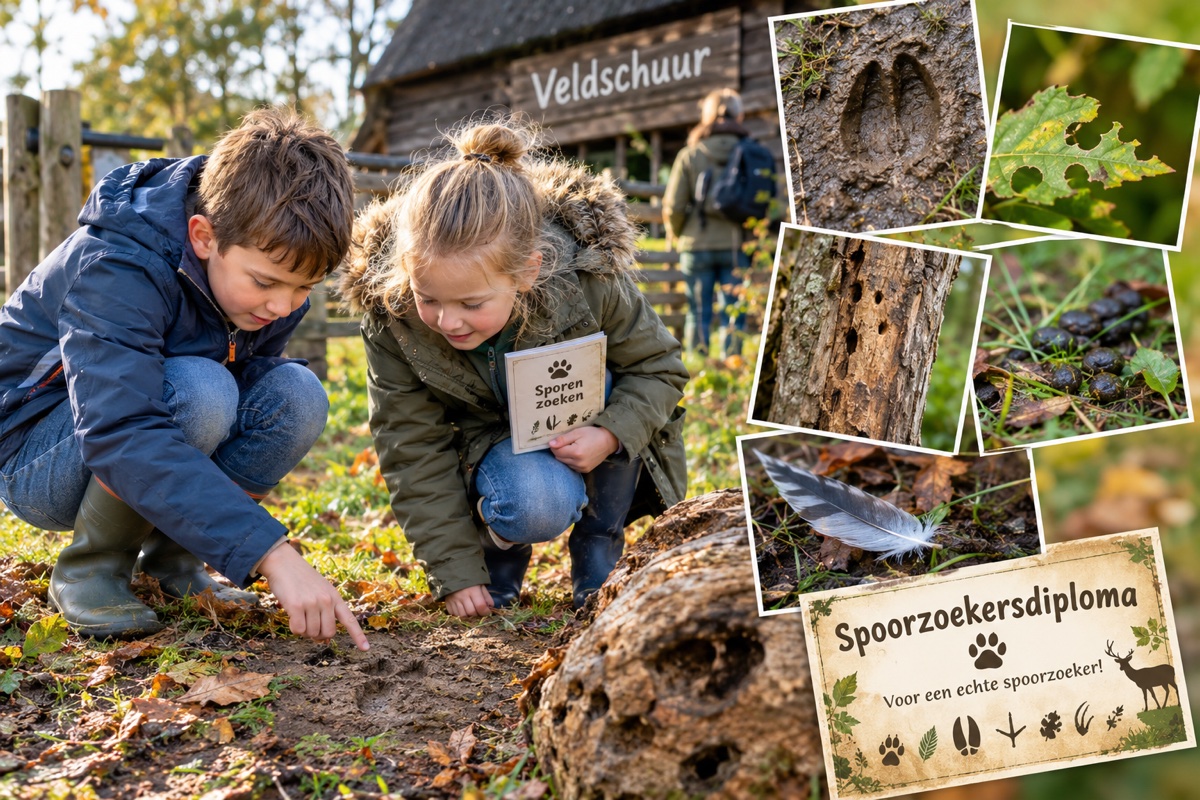 Kinderen op ontdekkingstocht langs diersporen bij de Veldschuur
